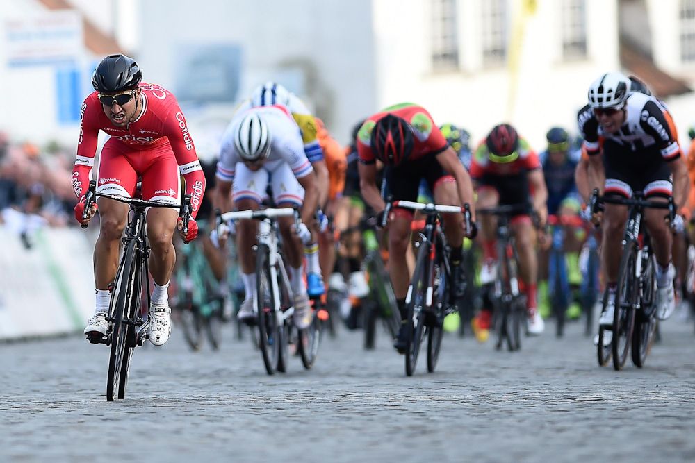 Nacer Bouhanni (Cofidis) blasts away from the bunch to win Nokere Koerse