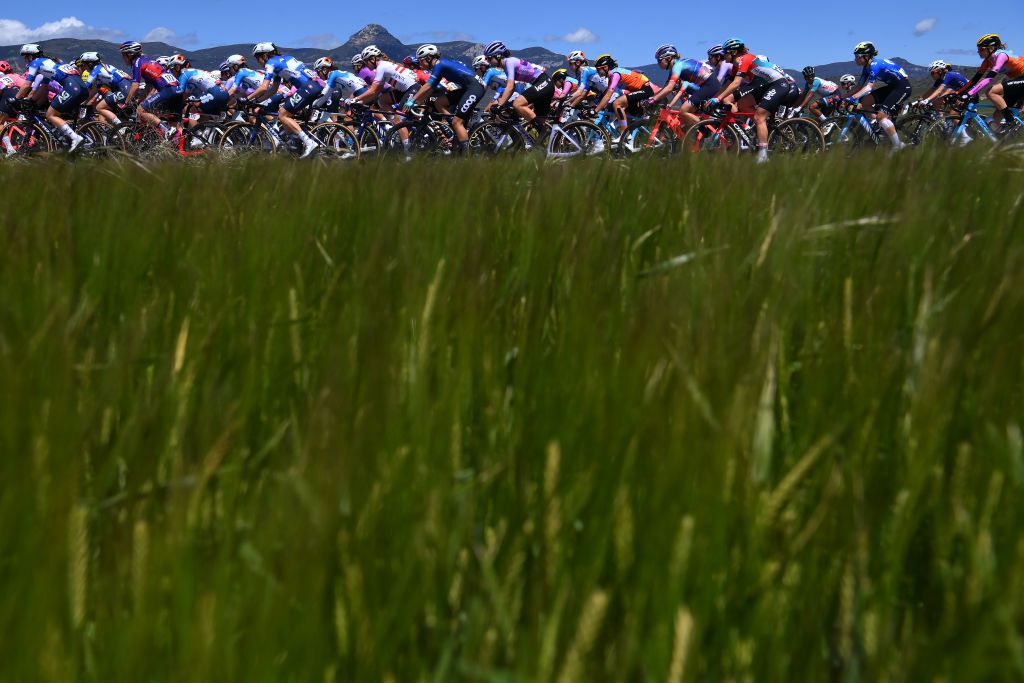 JACA SPAIN MAY 02 A general view of the peloton passing through a landscape during the 10th La Vuelta Femenina 2024 Stage 5 a 1139km stage from Huesca to Alto del Fuerte Rapitan Jaca 1103m UCIWWT on May 02 2024 in Jaca Spain Photo by Alex BroadwayGetty Images