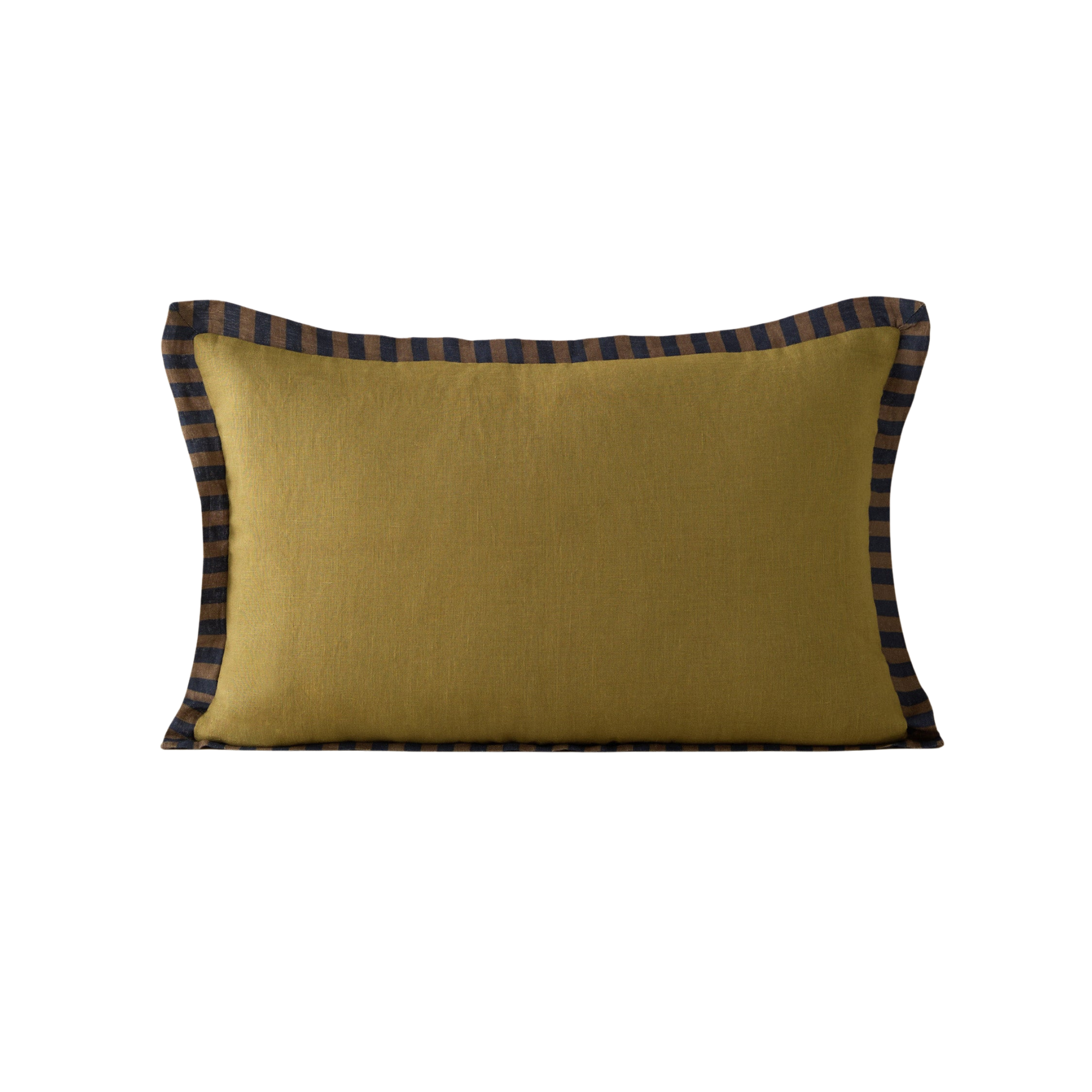 an olive green pillow with a striped green border