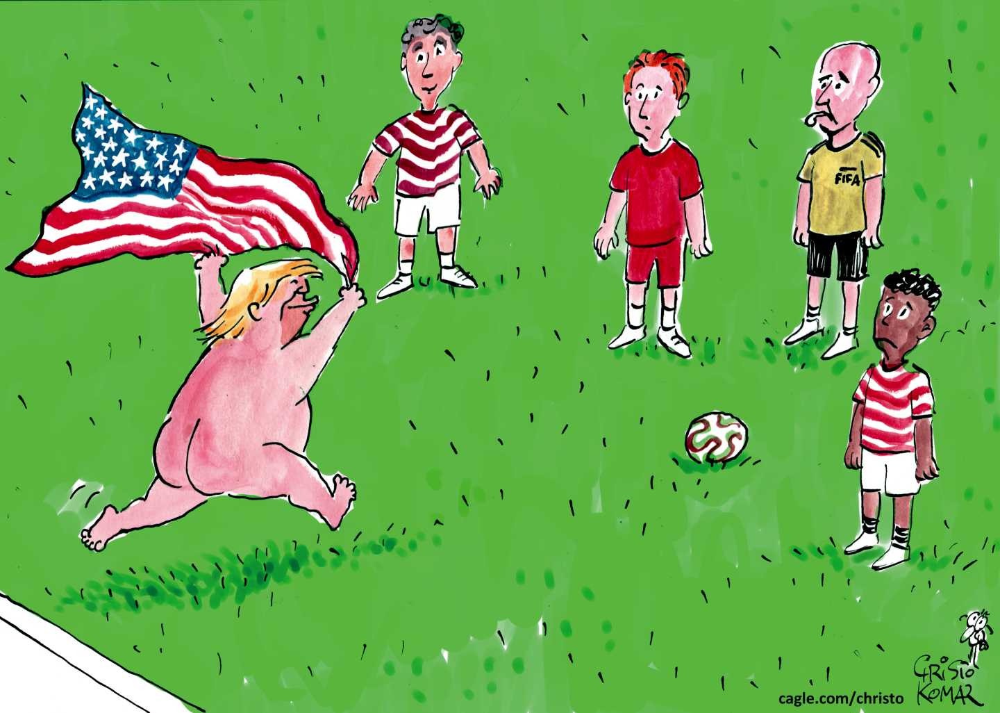 This cartoon depicts Donald Trump naked, streaking onto a soccer field as he holds an American flag. One player and a referee look disgusted and two other players look surprised.