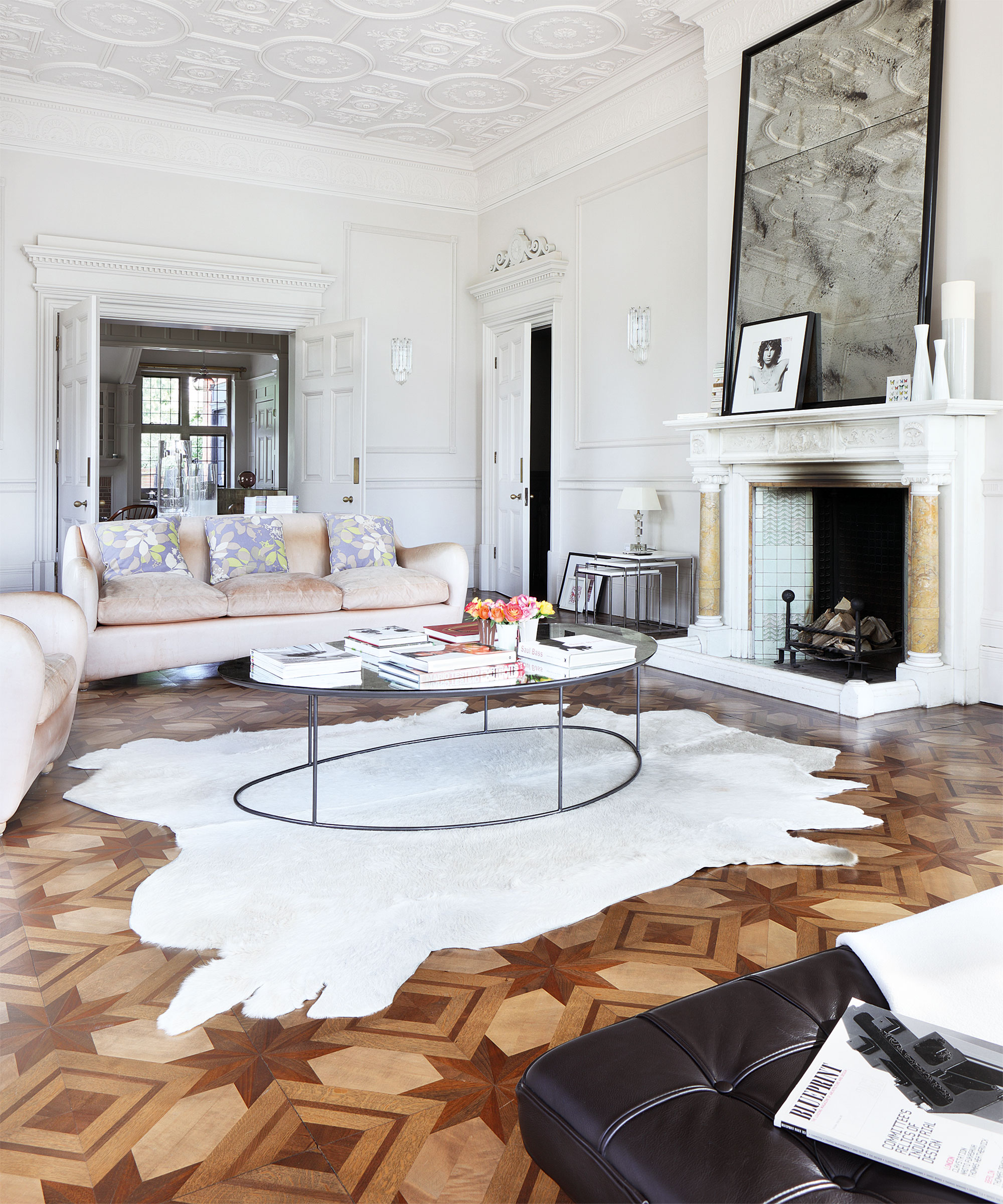 living room with parquet flooring