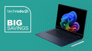 HP Omnibook X Flip 2-in-1 laptop and tablet on cyan background with TechRadar big savings sign