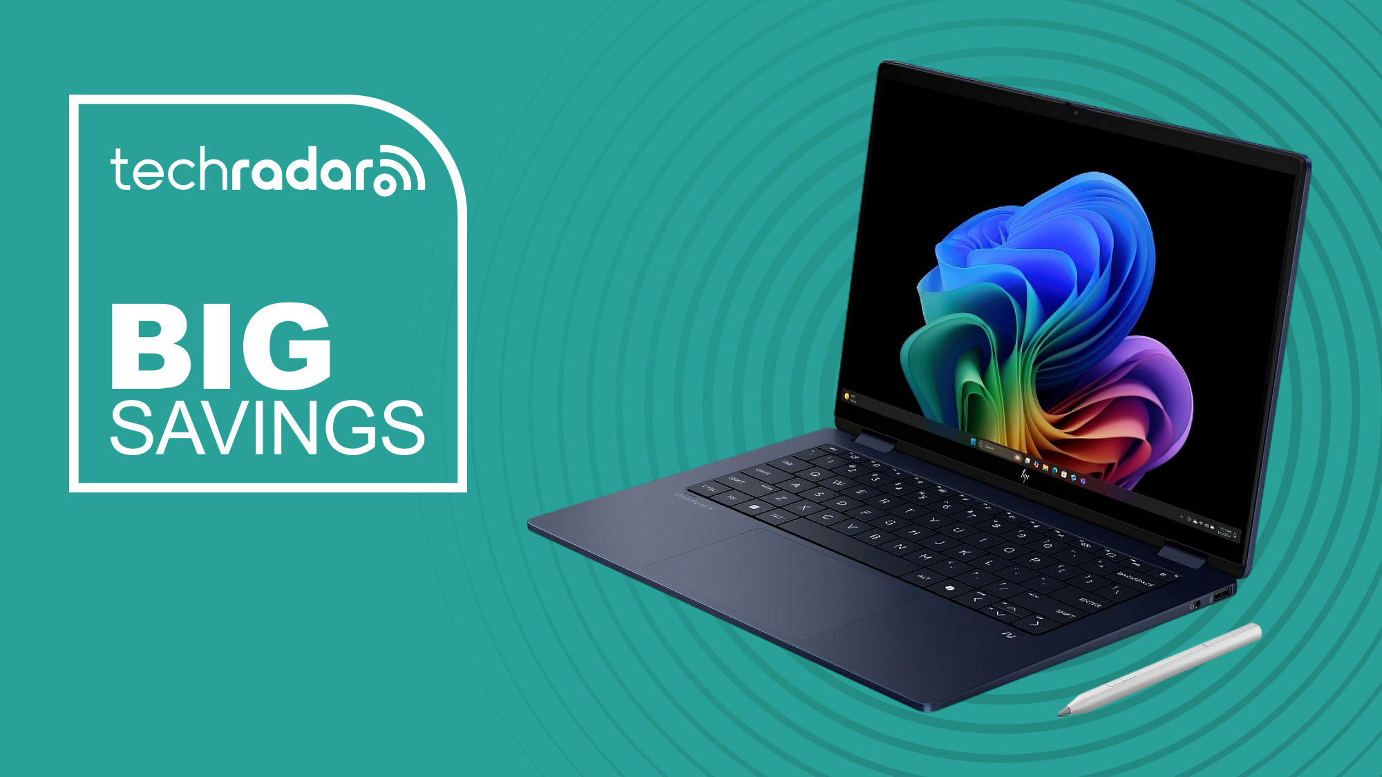 HP Omnibook X Flip 2-in-1 laptop and tablet on cyan background with TechRadar big savings sign