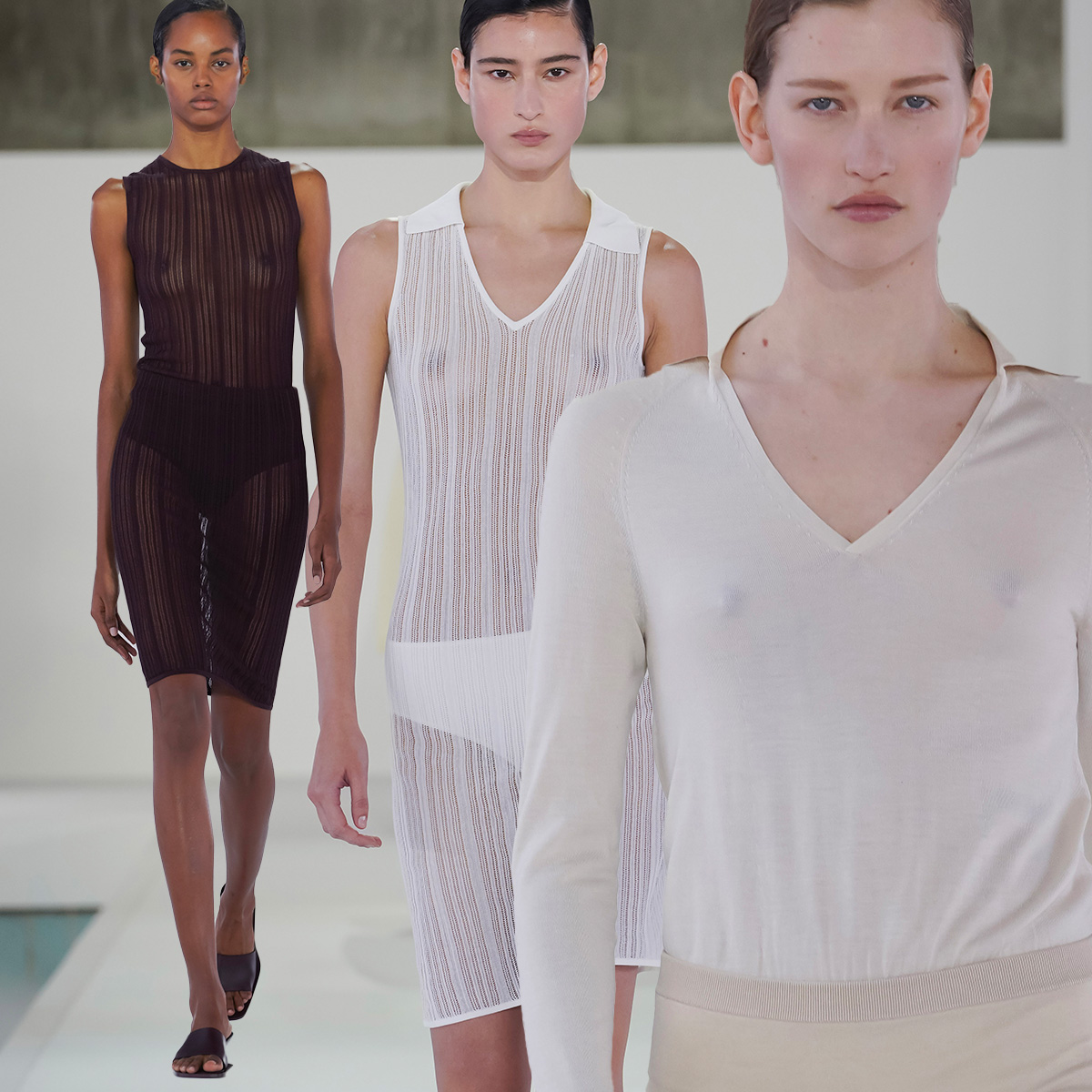 A collage featuring images of models walking in the SS26 COS show in Seoul, South Korea.