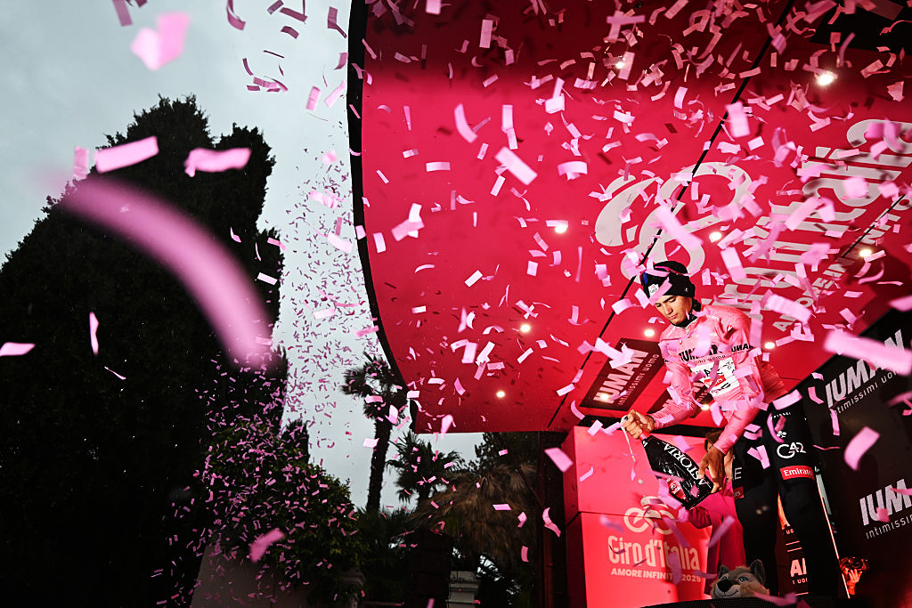 PISA ITALY MAY 20 Isaac Del Toro of Mexico and Team UAE Team Emirates XRG Pink Leader Jersey celebrates at podium during the 108th Giro dItalia 2025 Stage 10 a 286km individual time trial stage from Lucca to Pisa UCIWT on May 20 2025 in Pisa Italy Photo by Tim de WaeleGetty Images