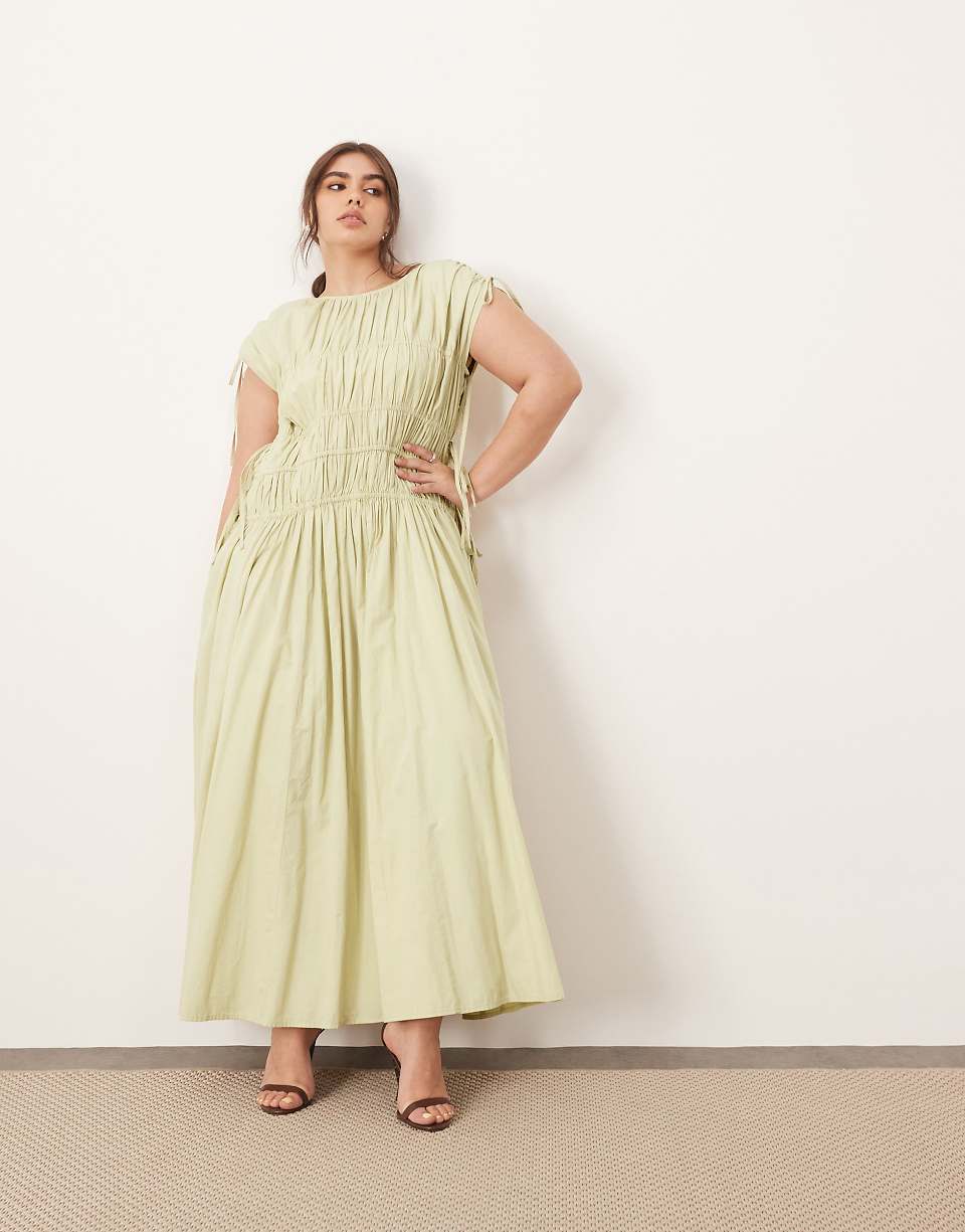 Arrange Curve Clean Cotton Drawstring Detail Trapeze Midi Dress With Pockets in Washed Sage