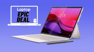 Lenovo Yoga Tab Plus with keyboard and stylus against a blue gradient background.