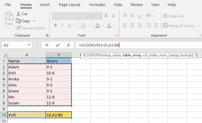 How to use VLOOKUP in Excel step 4: Type a comma in the formula bar, then select the searchable range