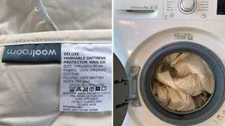 Split image showing the wash care label on the mattress protector and then it fitting into a washing machine