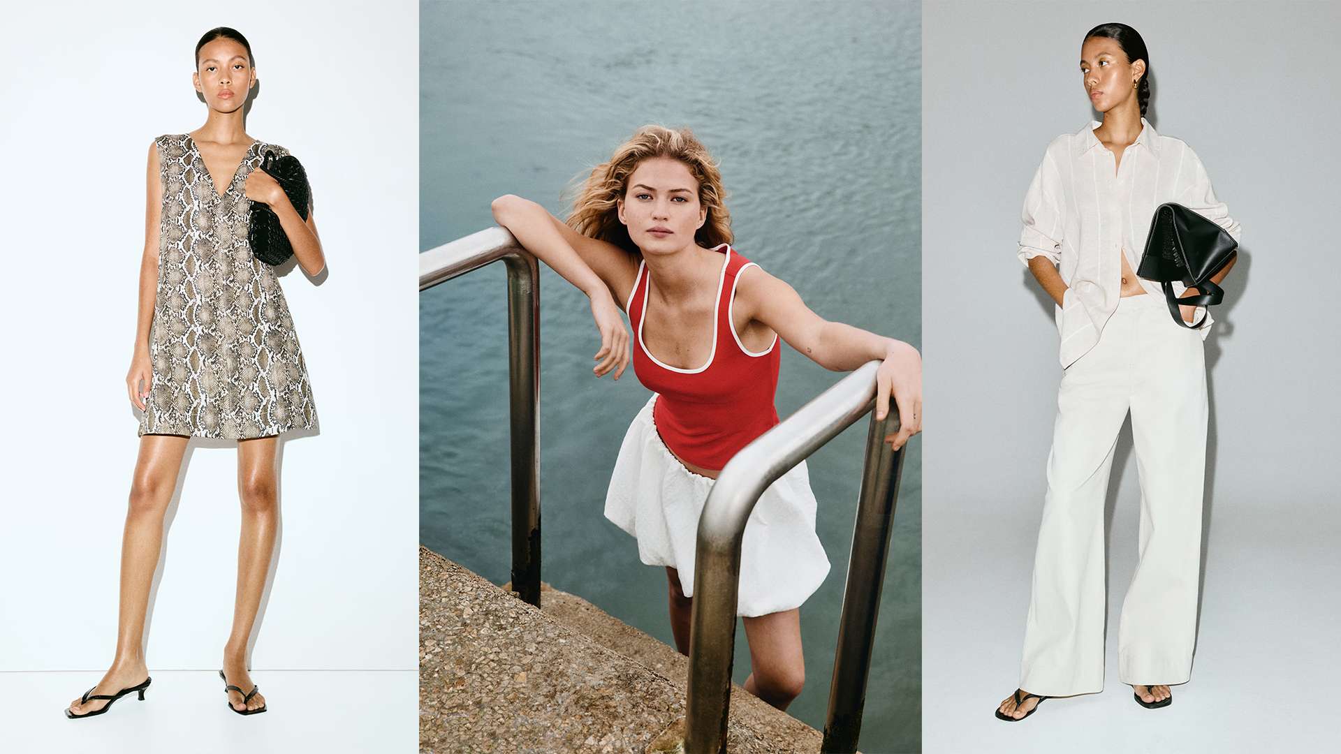 models wear a shift dress, red tank and white skirt, and white linen set