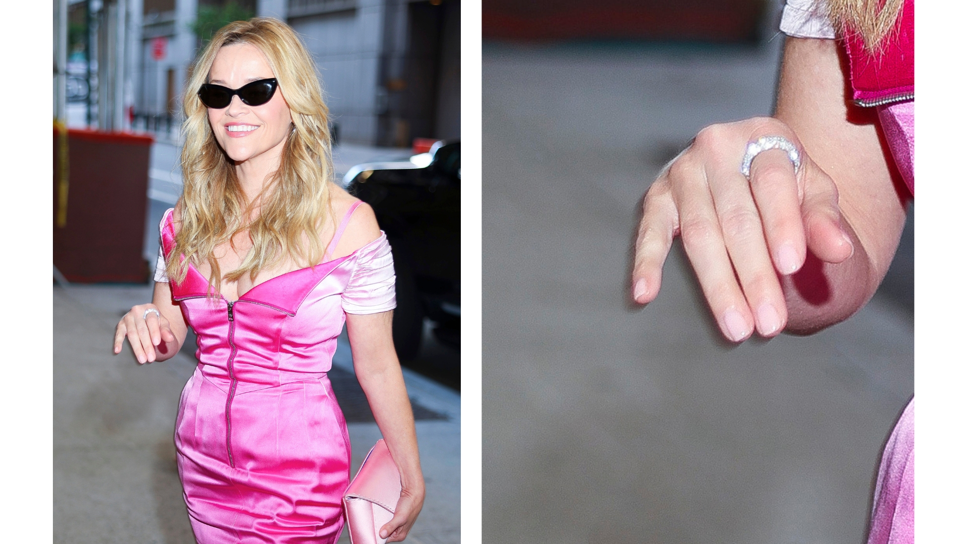 On the left, Reese Witherspoon is pictured wearing a hot pink dress and with a sheer pink manicure at 'Prime Video Celebrates New Series &amp;quot;Elle&amp;quot; And 25th Anniversary Of &amp;quot;Legally Blonde&amp;quot;' on June 20, 2026 in New York City. And on the right is a close-up of the same picture, zoomed in on her hand to show her manicure in more detail.