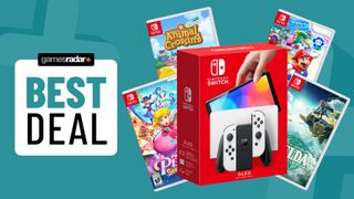 Nintendo Switch OLED with bundled games on a blue background with best deal badge