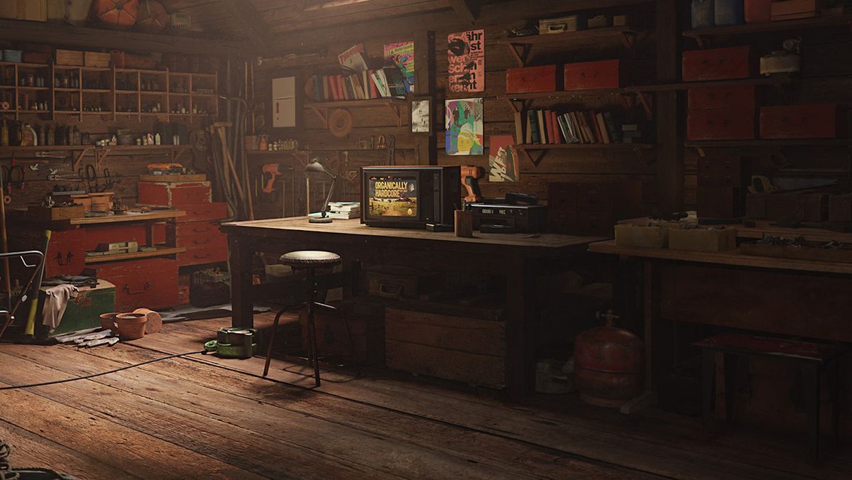 BulletFarm promotional image - a rustic workshop with an old TV on a workbench