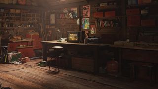 BulletFarm promotional image - a rustic workshop with an old TV on a workbench