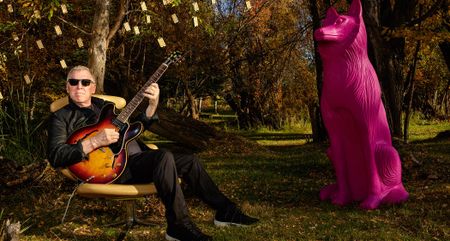 Larry DiMarzio wears shades and plays an ES-335 in a garden, under a tree decorated with his pickups. A giant pink plastic dog looks on.