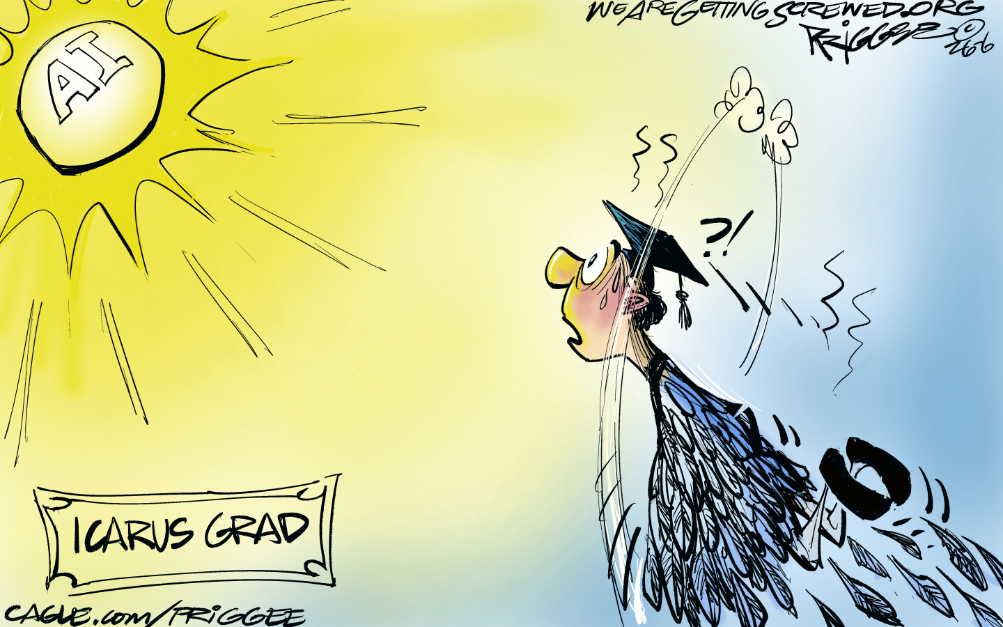 A male college graduate flies through the air and toward the sun named &amp;ldquo;AI&amp;rdquo; in this cartoon, which is titled &amp;ldquo;Icarus Grad.&amp;rdquo; The grad looks frightened.