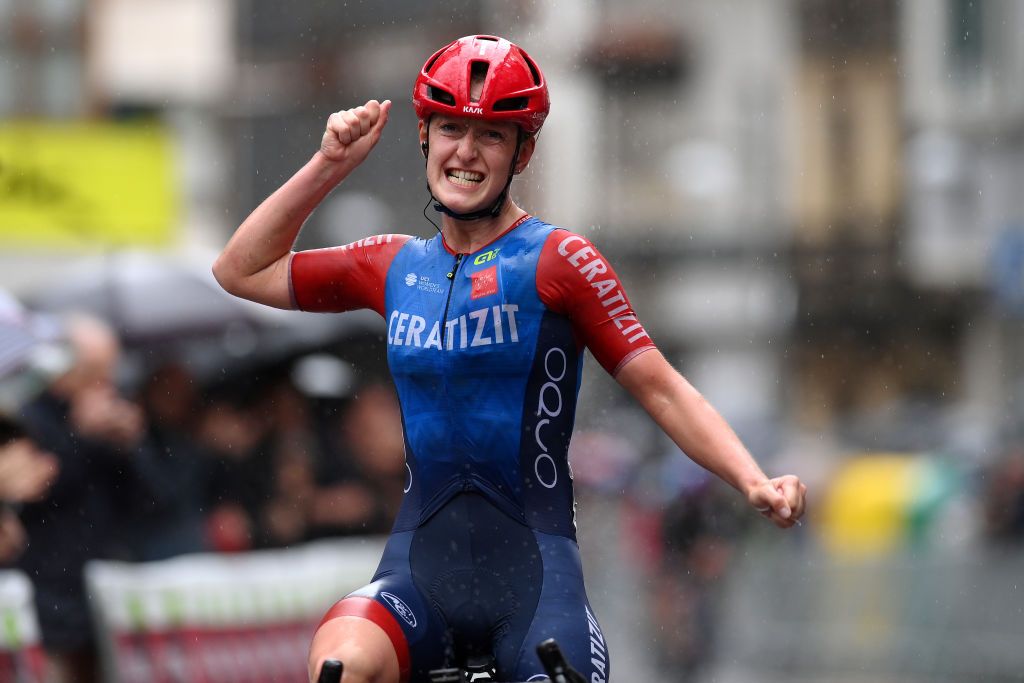 DURANGO SPAIN MAY 14 Cedrine Kerbaol of France and CERATIZITWNT Pro Cycling Team celebrates at finish line as race winner during the 23rd Durango Durango Emakumeen Saria 2024 a 113km one day race from Durango to Durango on May 14 2024 in Durango Spain Photo by Alex BroadwayGetty Images