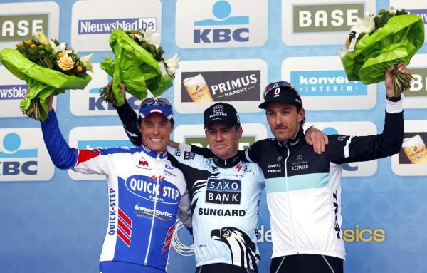 The Tour of Flanders podium: Sylvain Chavanel, Nick Nuyens and Fabian Cancellara