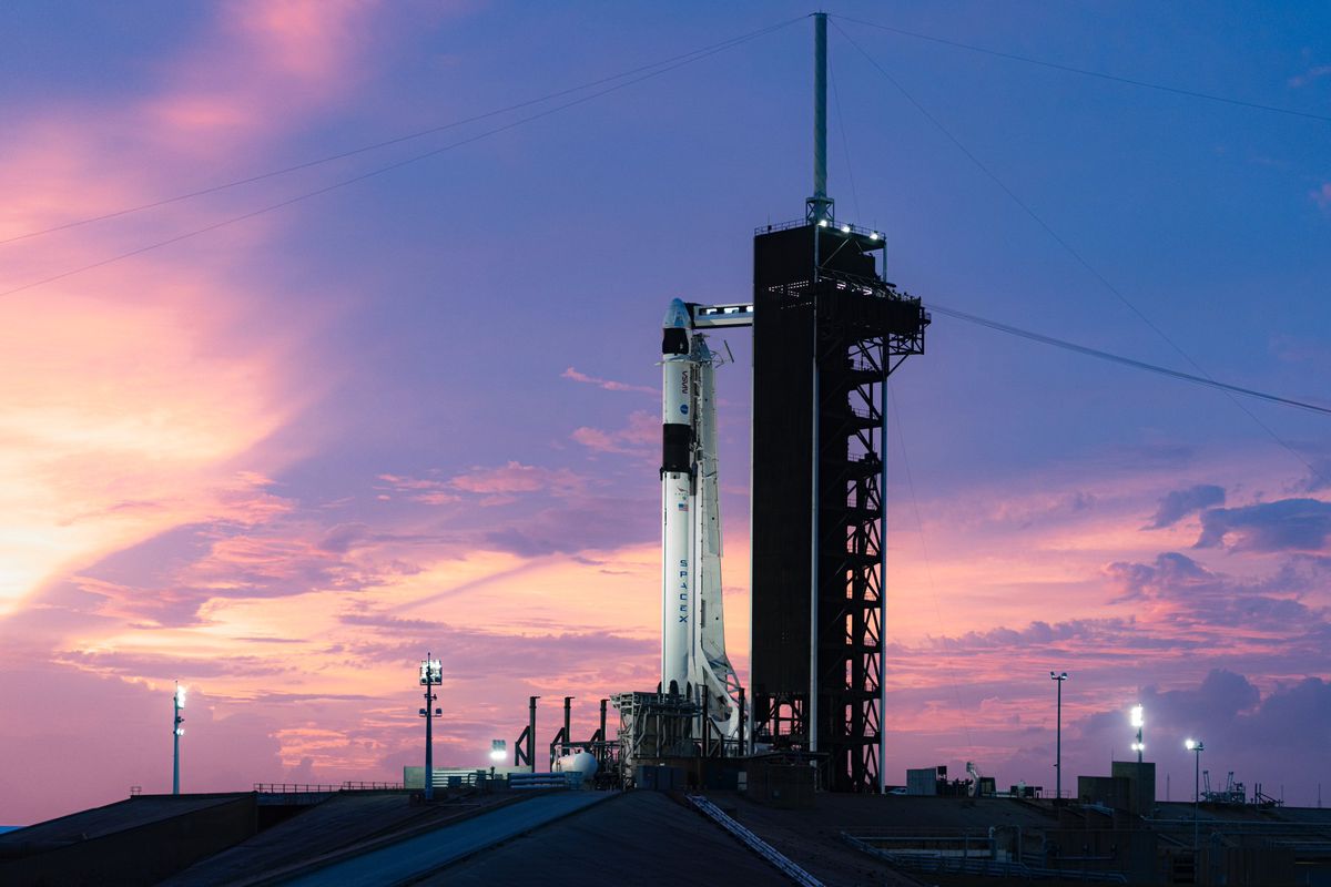 A SpaceX Falcon 9 rocket carrying the Crew-1 spacecraft stands atop Pad 39A of NASA&#039;s Kennedy Space Center in Cape Canaveral, Florida ahead of a Nov. 14, 2020 astronaut launch to the International Space Station for NASA.