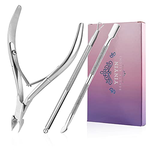 Yinyin Cuticle Trimmer With Cuticle Pusher and Cutter, Professional Stainless Steel Nippers, Cutter Clippers, Cuticle Remover, Pedicure Manicure Tools for Fingernails and Toenails, Sliver