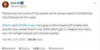 The tweet reads: "Please look into some of the people who's names weren't included but who followed all the rules! @Rakin and @DjMontague two guys in this thread with tweets that should have placed them in top 1000 didn't get it, imagine how many non-CC will get missed and not even realize"