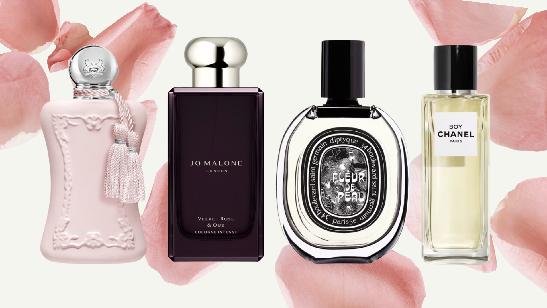 A collage of some of the best floral fragrances featured in this guide, including scents from Parfums de Marly, Jo Malone, Diptyque and Chanel all arranged in a line over a cream background with pink rose petals.