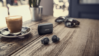 Jabra Elite 75t earbuds on a table