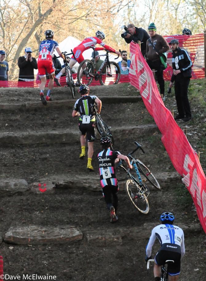 All the main contenders run the stairs in pursuit of Trebon. Adam Craig (bottom) of course rode the stairs every lap.