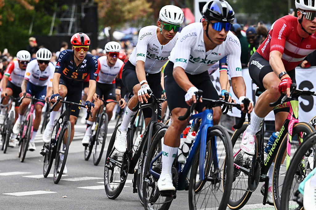 2026 Road World Championships: Del Toro (3-R) follows a teammate in the peloton during the elite men's race