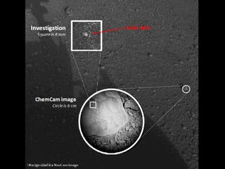 This composite image, with magnified insets, depicts the first laser test by the Chemistry and Camera, or ChemCam, instrument aboard NASA's Curiosity Mars rover on Aug. 19, 2012.
