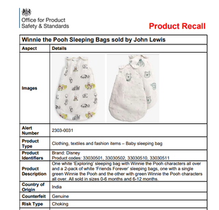 John Lewis Winnie the Pooh sleeping bag recall notice