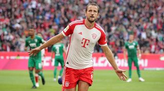 Harry Kane celebrates after scoring for Bayern Munich against Augsburg in August 2023.