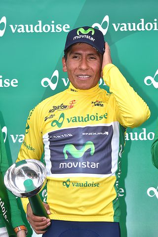 Nairo Quintana (Movistar) on the Tour de Romandie podium.