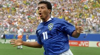 DALLAS, TX - JULY 9: Brazilian forward Romario jubilates after scoring a goal against the Netherlands 09 July 1994 in Dallas during their World Cup quarterfinal soccer match. Brazil won 3-2 to advance to the semifinals. (Photo credit should read BOB DAEMMRICH/AFP via Getty Images)