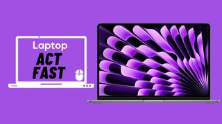 MacBook Air M2 15 inch in space gray colorway against purple background
