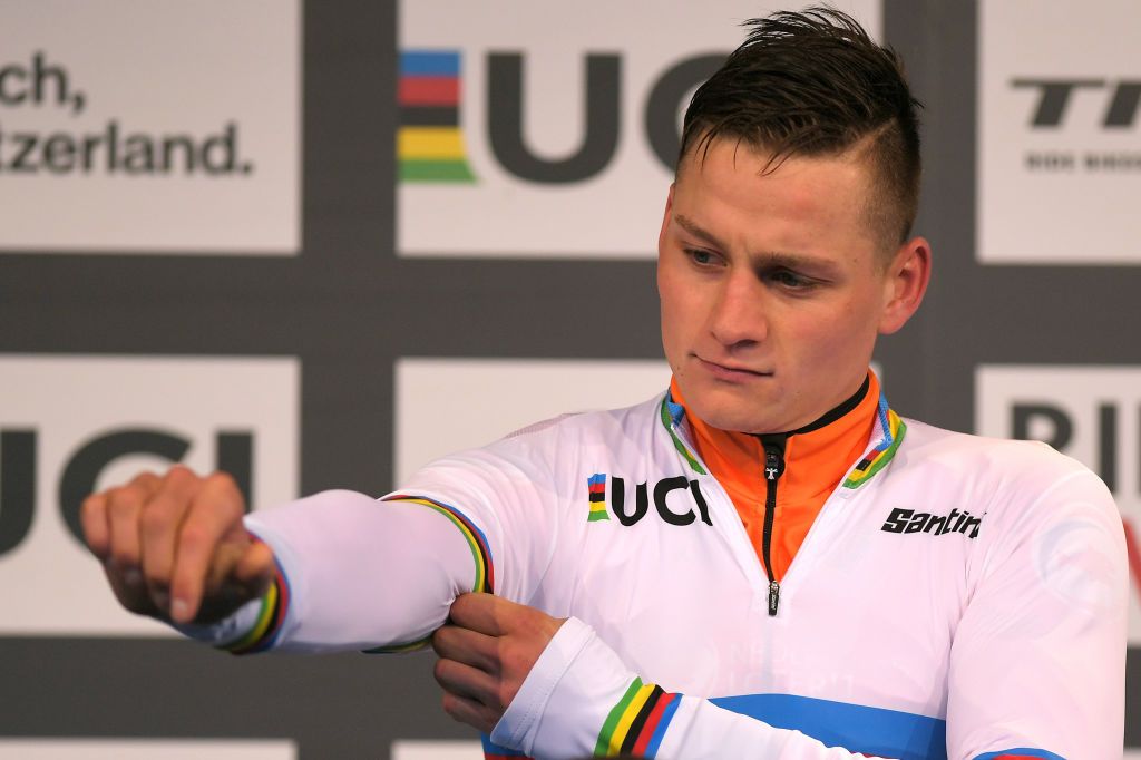 Van der Poel pulls on the rainbow jersey