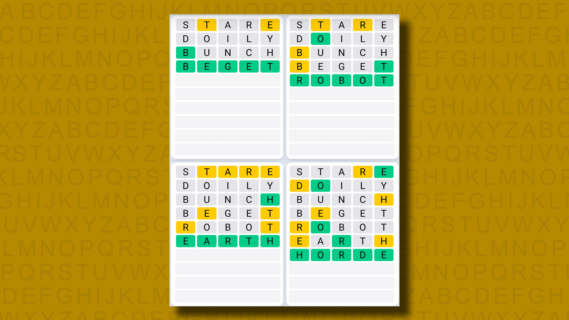 Quordle daily sequence answers for game 876 on a yellow background