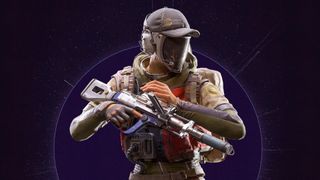 Arc Raiders: A close-up of a character wearing the Recon outfit (the Season 4 Trials reward) while reloading a rifle, against a purple background.