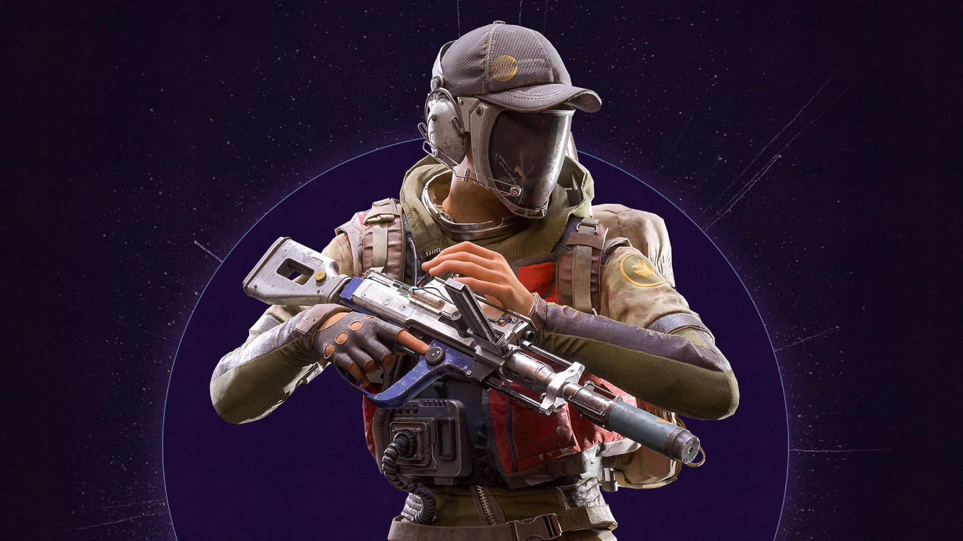 Arc Raiders: A close-up of a character wearing the Recon outfit (the Season 4 Trials reward) while reloading a rifle, against a purple background.