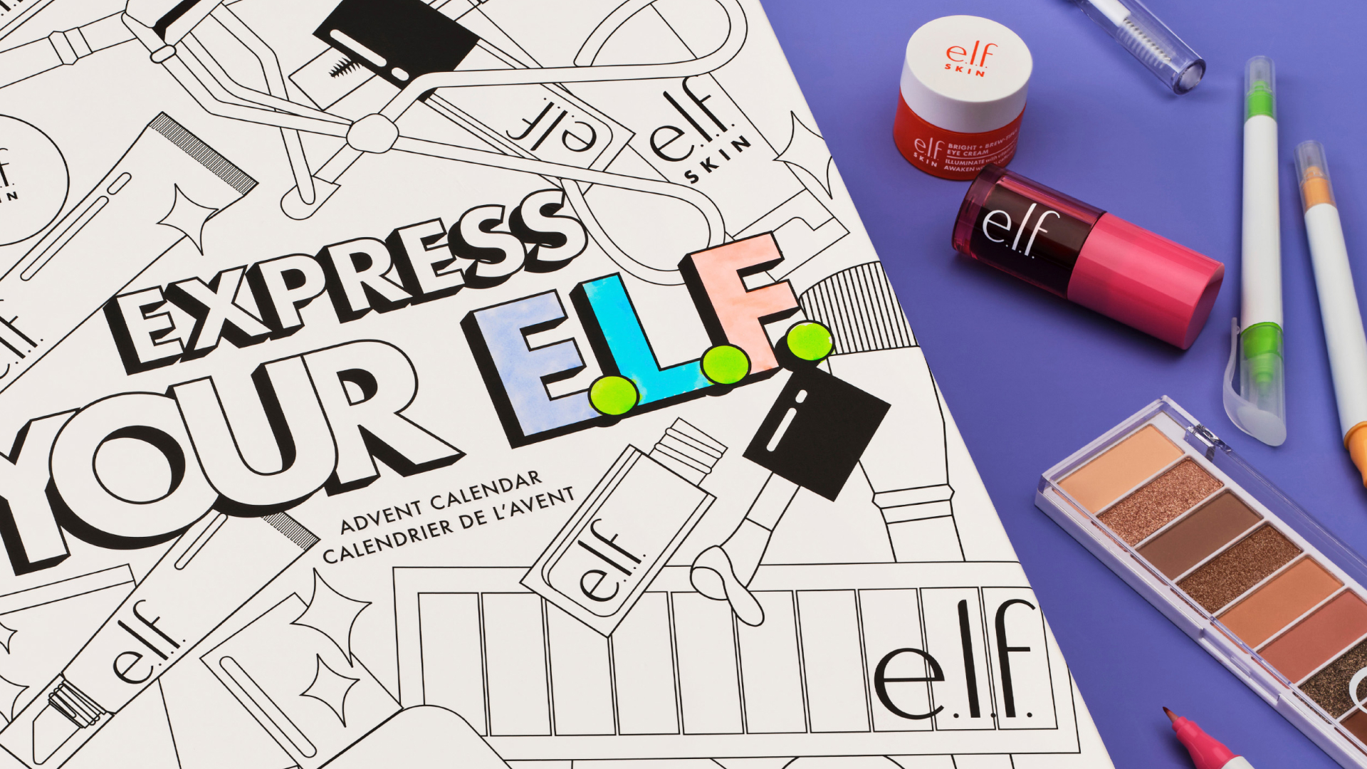 A photo of the e.l.f. 2026 Advent calendar and makeup and skincare products