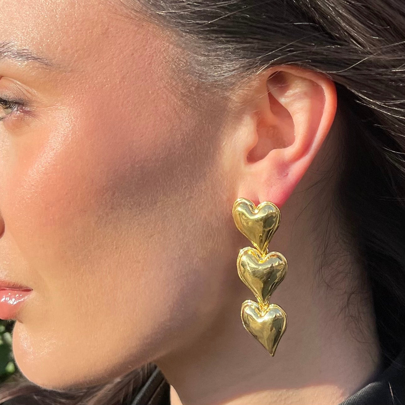 Gold Triple Puffy Heart Earrings