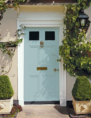 blue front door with trees green foliage and brass handles