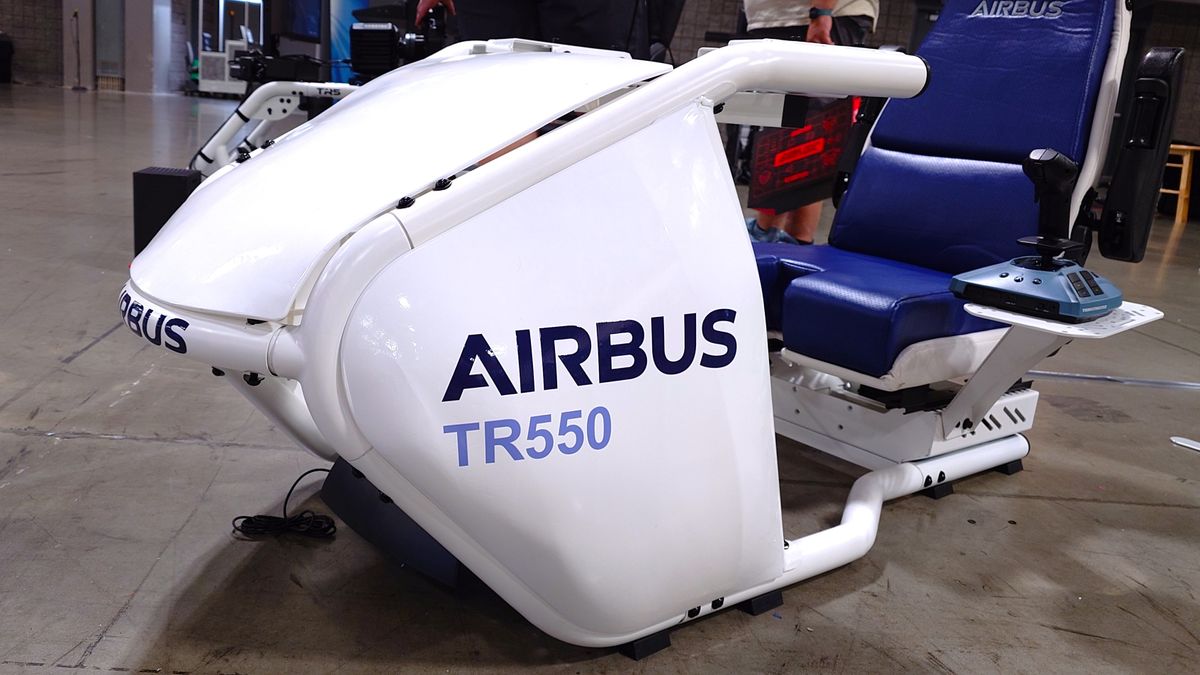 Photos of the Trak Racer Airbus TR550 flight simulator cockpit showcasing the design of the seat.