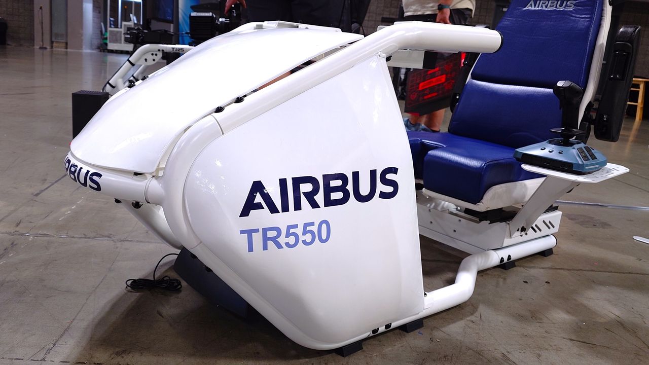 Photos of the Trak Racer Airbus TR550 flight simulator cockpit showcasing the design of the seat.