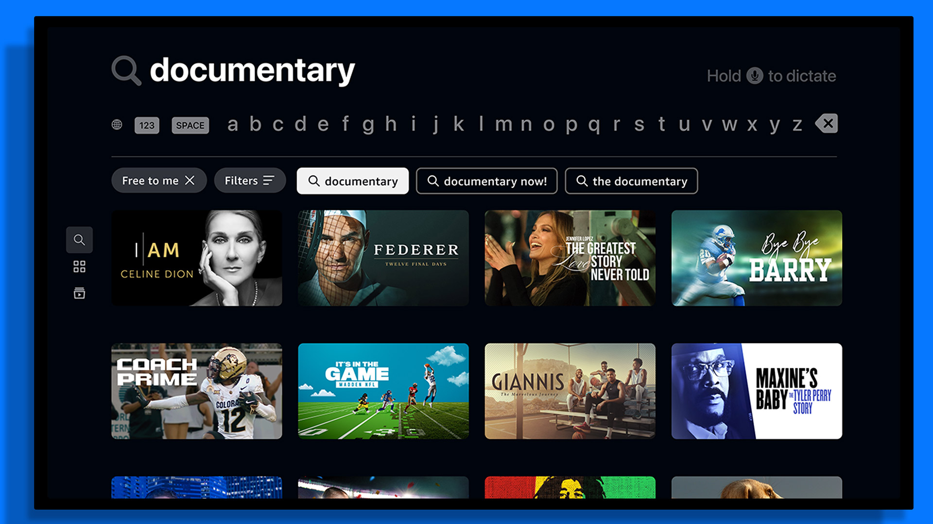 The Prime Video app displayed searching the word 'documentary'