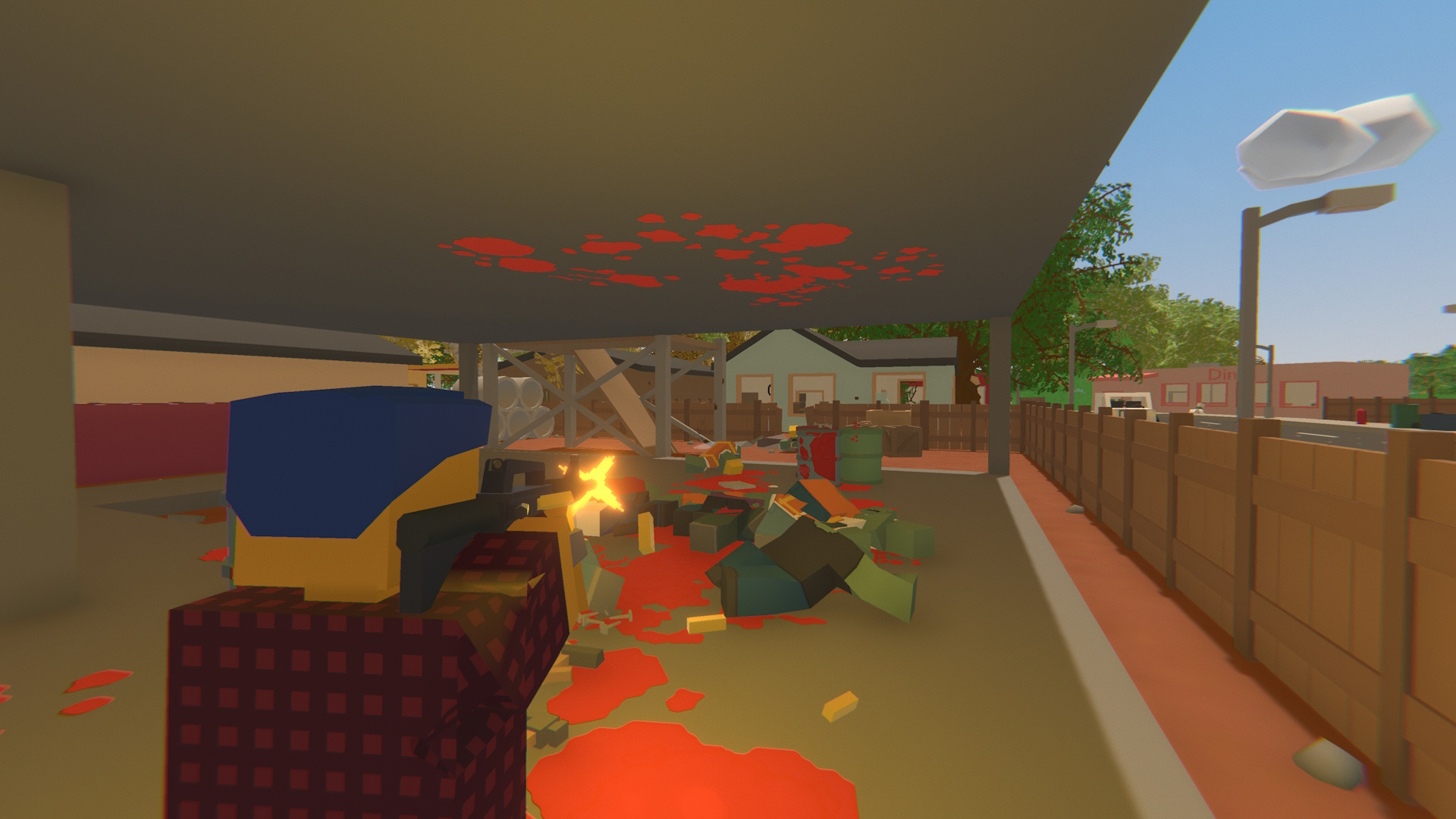Unturned - a character fires a gun at zombies inside a building