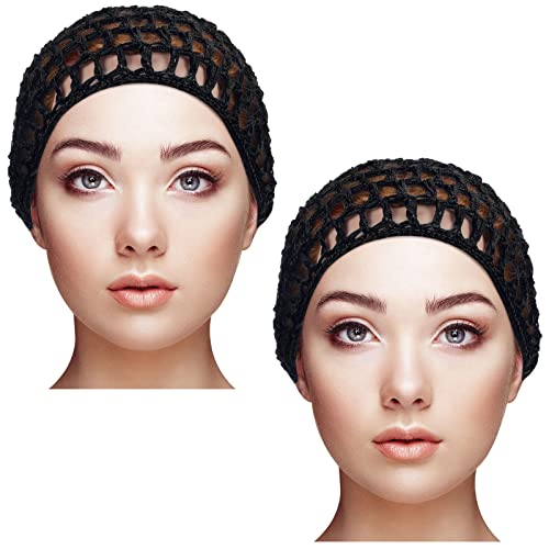 Geyoga 2 Pieces Mesh Crochet Hair Net Rayon Knit Snood Hat Cover Crocheted Sleep Cap for Women (black)