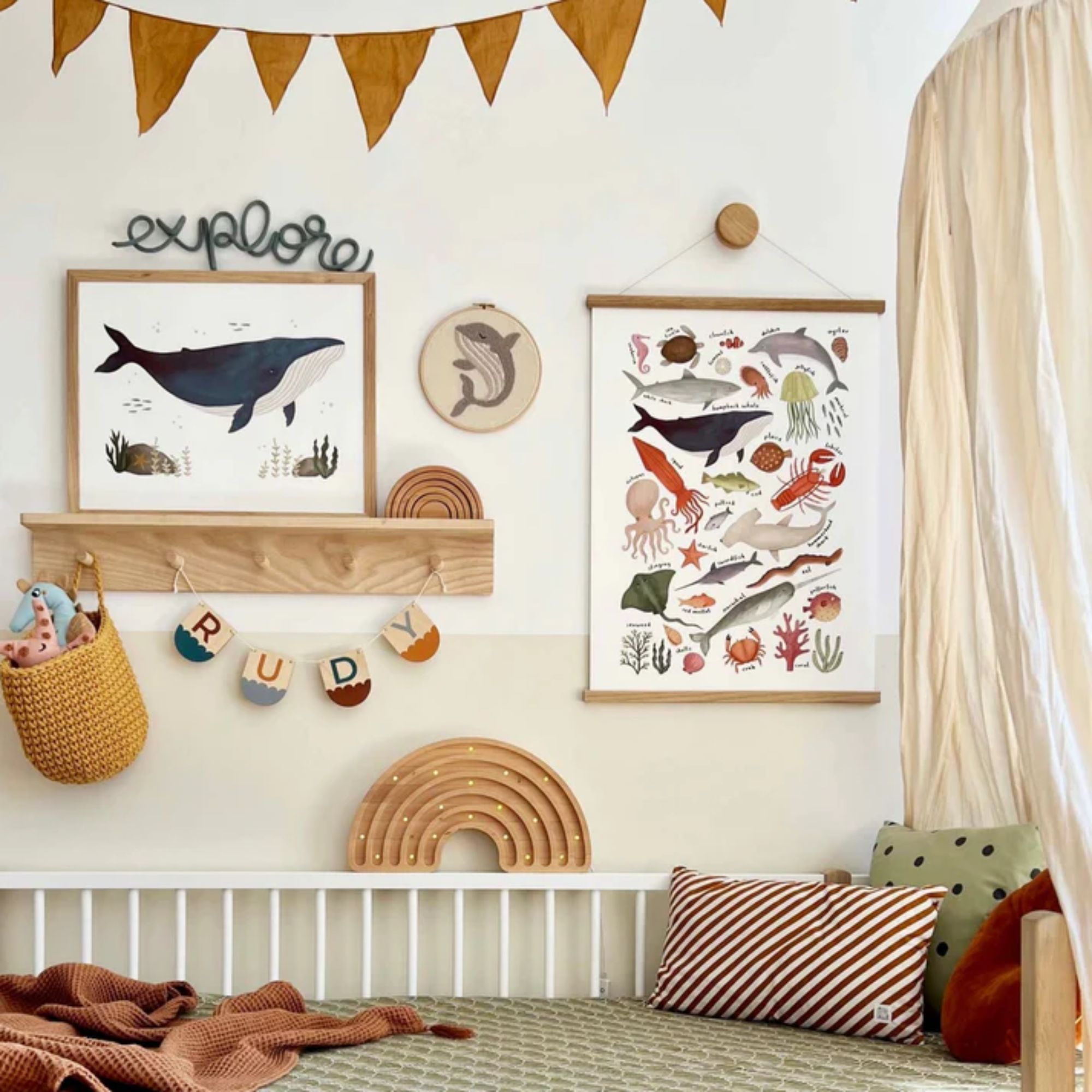 A nursery decorated with an under-the-sea theme (including an ocean chart on the wall)
