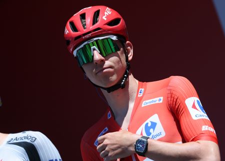 Tadej Pogačar in the red jersey before he crashed out of the 2026 edition