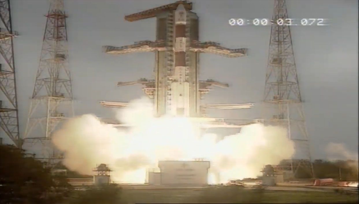 An Indian Space Research Organisation Polar Satellite Launch Vehicle launches the Cartosat-3 satellite and 13 U.S. nanosatellites into orbit from the Satish Dhawan Space Centre in Sriharikota on Nov. 27, 2019.